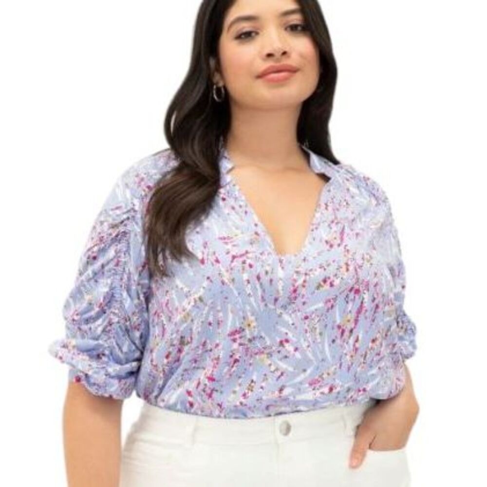 Eloquii Elements‎ Blouse Purple Floral 3/4 Ruched Sleeve Zebra La Vida Plus 20 - Picture 2 of 16